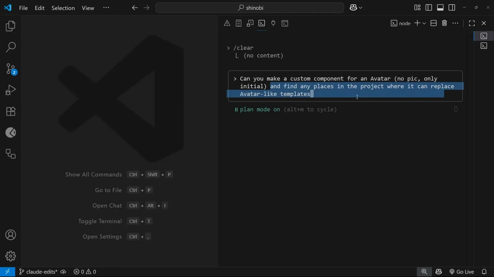 Claude Code prompt box in VS Code with the task Can you make a custom component for an Avatar (no pic, only initial) and find any places in the project where it can replace Avatar-like templates typed above the plan mode on indicator