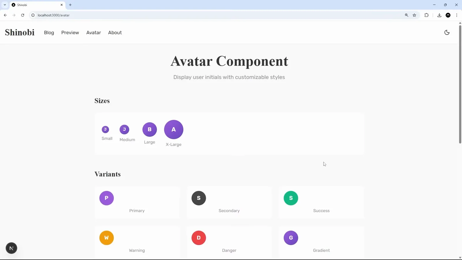 Avatar Component preview page at localhost:3000/avatar showing Small, Medium, Large and X-Large sizes and Primary, Secondary, Success, Warning, Danger and Gradient color variants rendered as colored initial circles