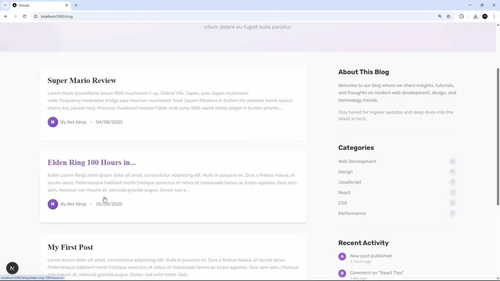 Shinobi blog list at localhost:3000/blog where the Super Mario Review and Elden Ring 100 Hours post cards show purple Net Ninja initial avatars next to the byline and the Recent Activity sidebar uses avatars instead of dots