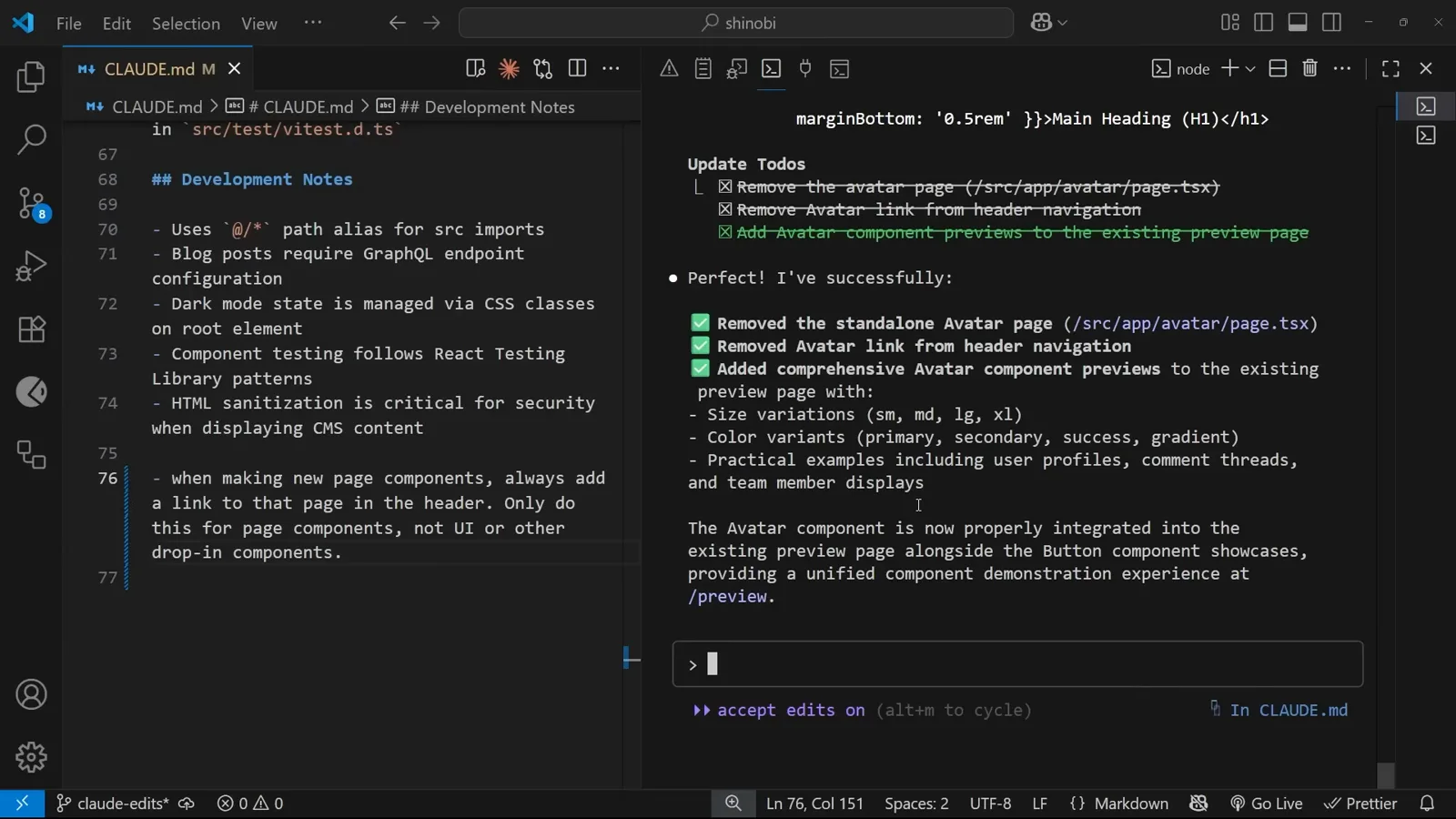 CLAUDE.md open in VS Code at the Development Notes section with the added rule that new page components always get a header link while UI or drop-in components do not, beside Claude’s completed cleanup summary in the Claude Code panel