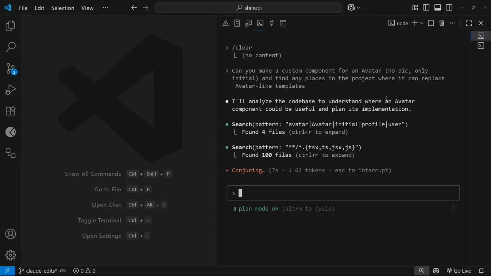 Claude Code researching the shinobi codebase with two Search calls, one matching avatar|Avatar|initial|profile|user across 4 files and one scanning **/*.tsx,ts,jsx,js across 100 files, reporting Conjuring status while still in plan mode