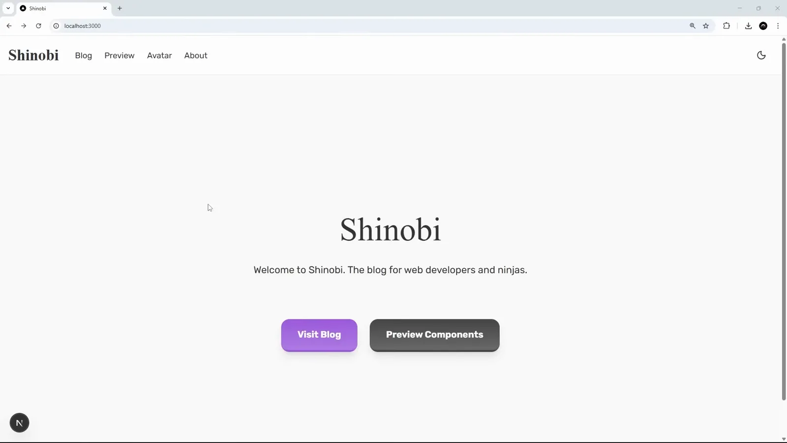 Shinobi homepage at localhost:3000 with the new Avatar link sitting in the header navigation between Preview and About, exactly as the sixth plan step promised