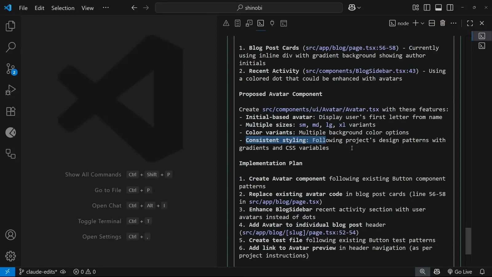 Claude Code implementation plan proposing src/components/ui/Avatar/Avatar.tsx with initial-based display, sm to xl sizes and six color variants, followed by six numbered steps ending in adding a preview link to the header navigation