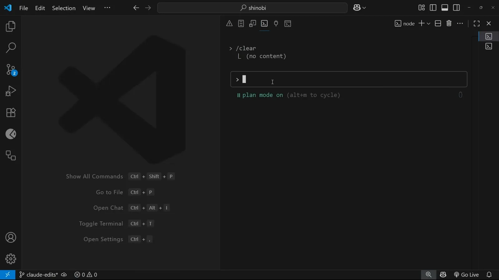 Claude Code panel in VS Code showing the green input footer indicator plan mode on (alt+m to cycle) right after the /clear command on an empty session