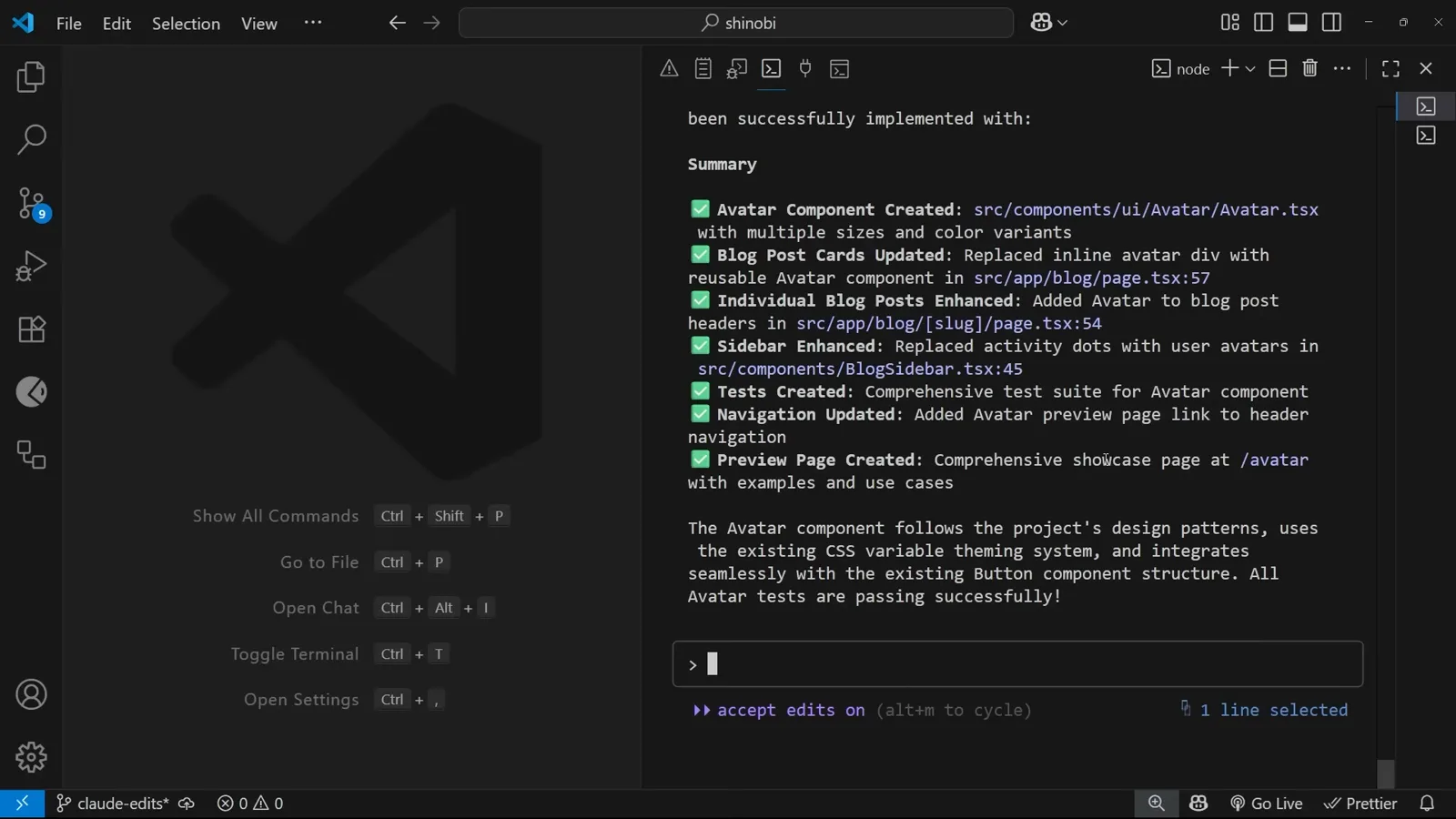 Claude Code completion summary with green check marks confirming the Avatar component was created at src/components/ui/Avatar/Avatar.tsx, blog cards and sidebar were updated, tests were created and a preview page was added at /avatar