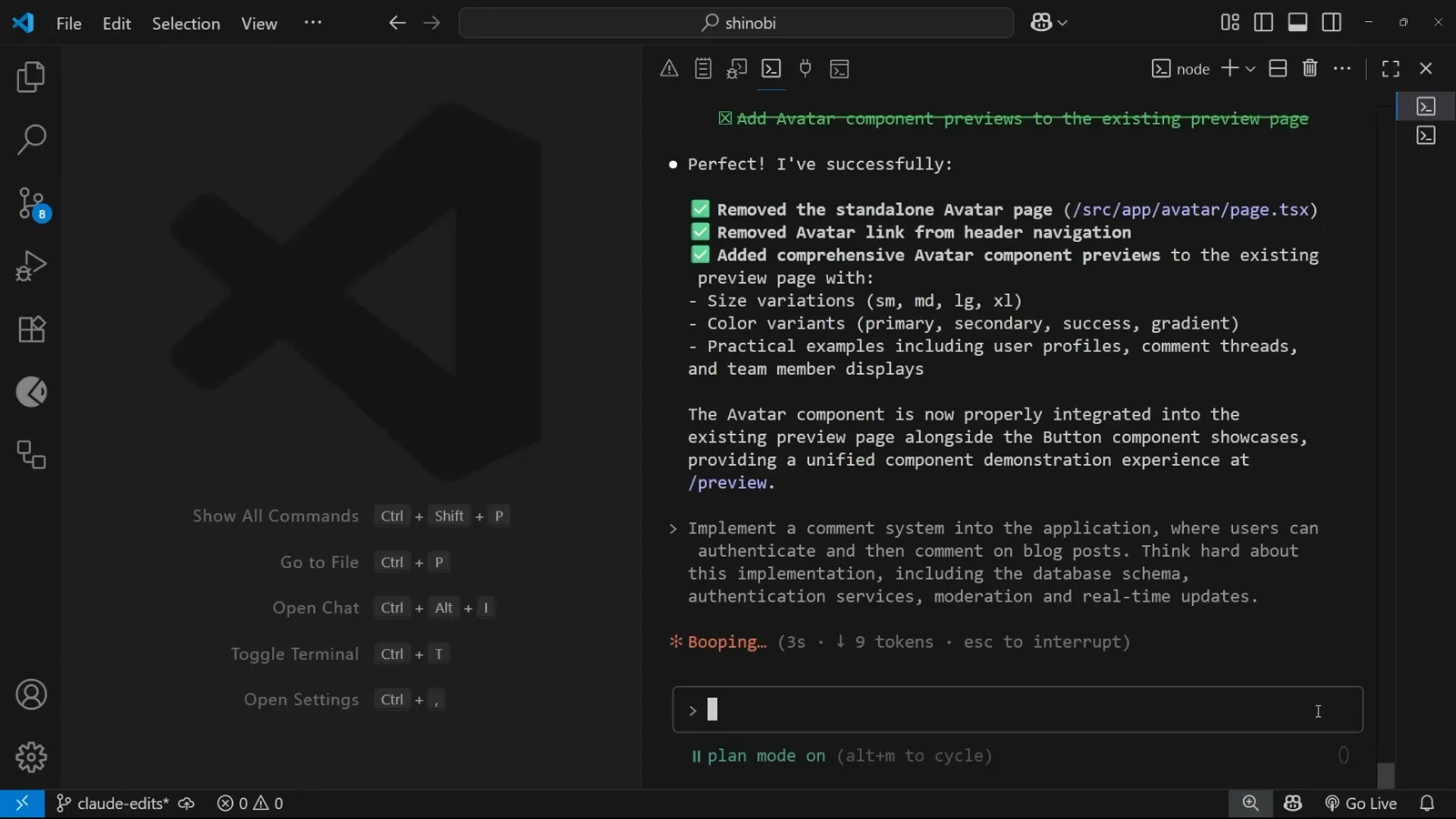 Claude Code prompt asking to implement a comment system where users can authenticate and comment on blog posts, with Think hard about this implementation, including the database schema, authentication services, moderation and real-time updates