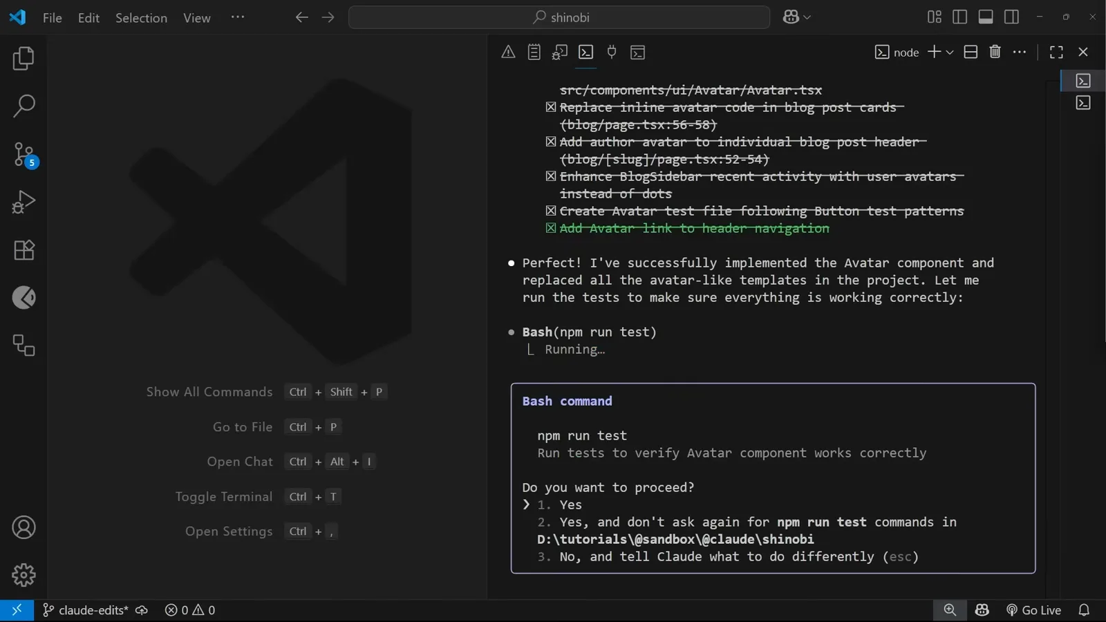Claude Code Update Todos list with every planned avatar task struck through as completed above a Bash command dialog asking permission to run npm run test with a yes and don’t ask again option for the project directory
