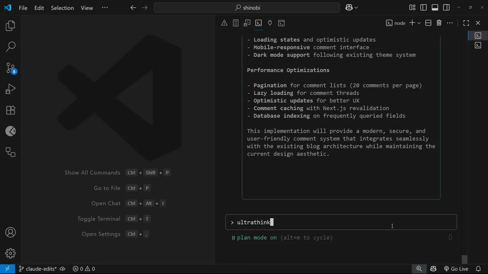 Claude Code input box with the word ultrathink typed to trigger the deepest thinking budget, below the comment system plan’s Performance Optimizations list covering pagination, lazy loading and database indexing