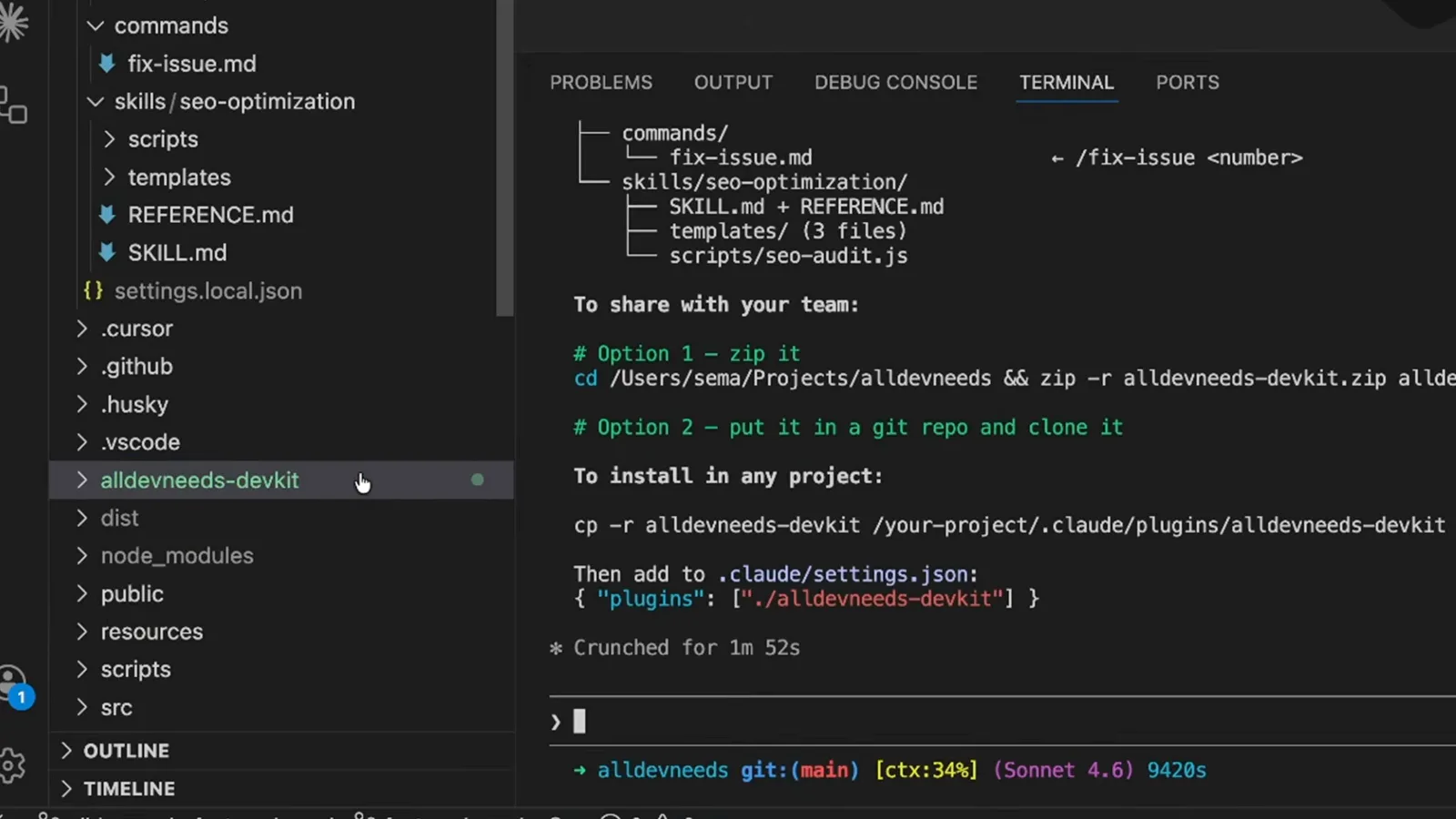 Claude Code reply showing the generated aldevneeds-devkit structure with commands/fix-issue.md and skills/seo-optimization, followed by sharing options zip -r or a git repo and install steps copying it into .claude/plugins and registering it in settings.json