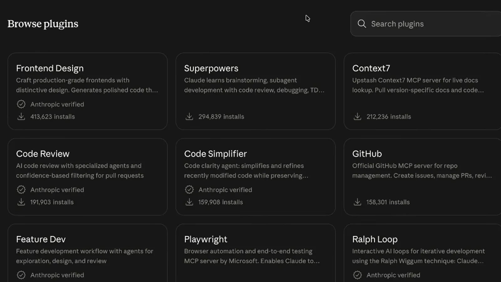 Frontend Design plugin detail page reading Craft production-grade frontends with distinctive design, showing Anthropic Verified, an Install in Claude Code button, Made by Anthropic and 413,623 installs