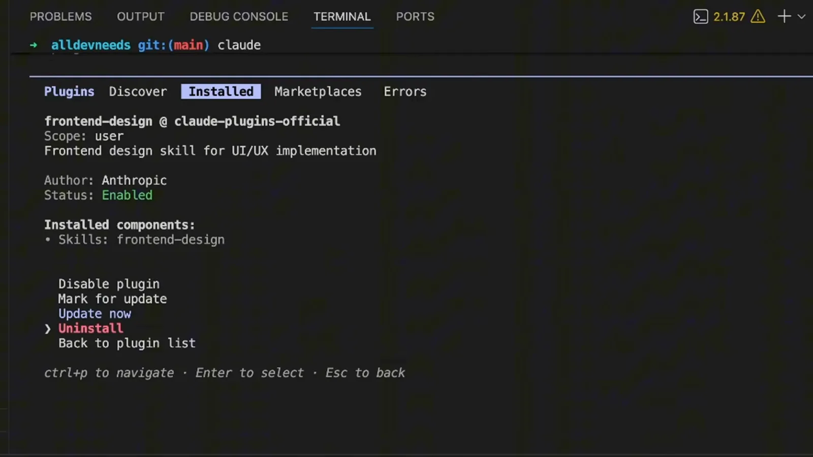 Claude Code plugin details screen for frontend-design from claude-plugins-official, scope user, version 0.1.0, listing its installed Skill component above Disable plugin, Mark for update and Uninstall options