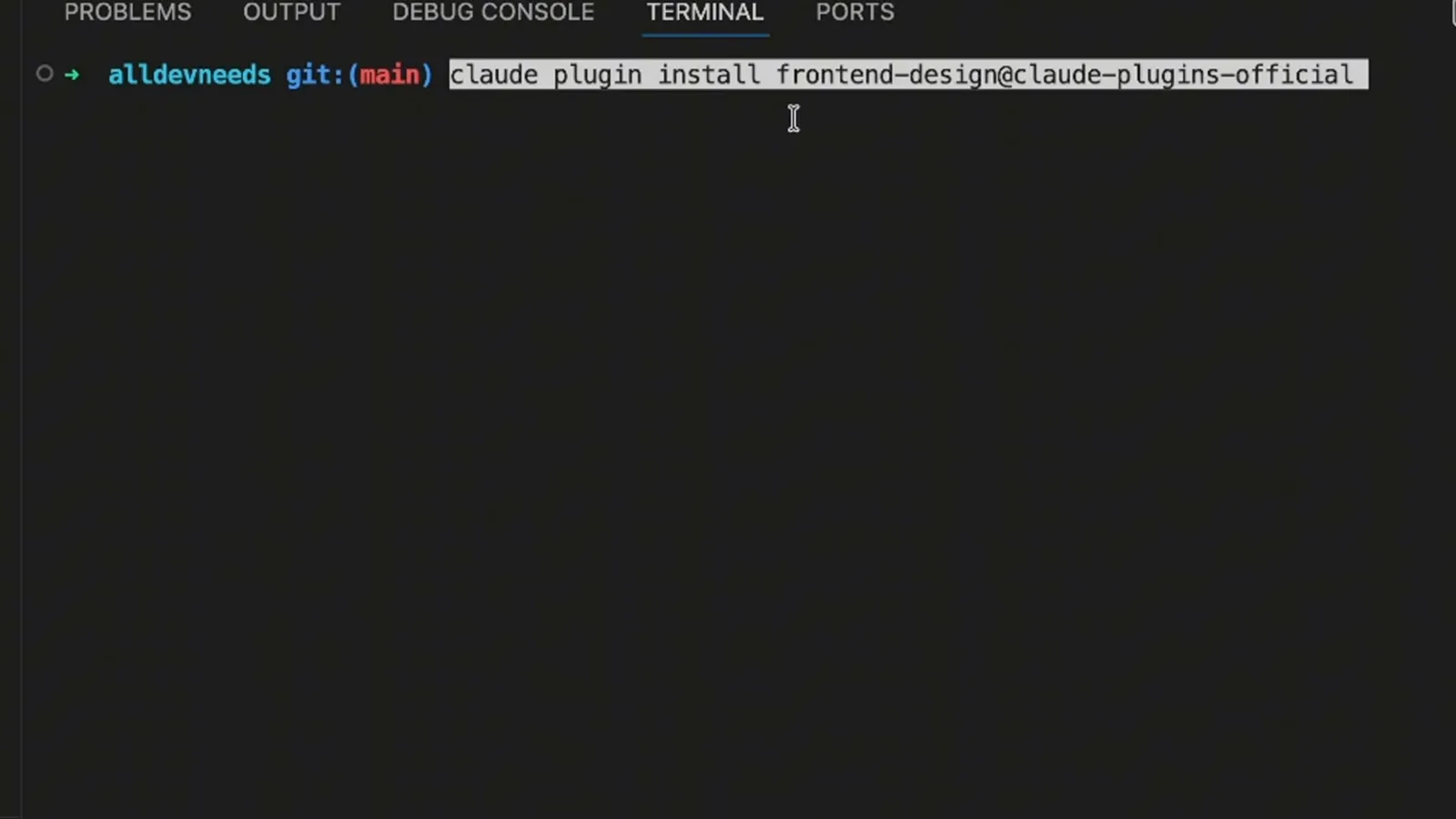 Terminal in the alldevneeds repository with the command claude plugin install frontend-design@claude-plugins-official typed at the prompt