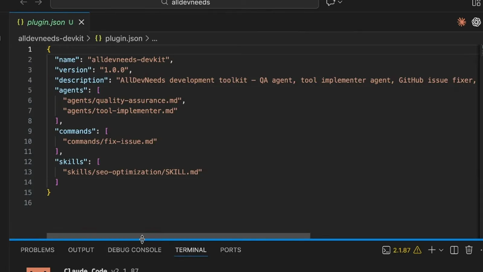 The generated plugin.json for aldevneeds-devkit open in VS Code with name, version 1.0.0, a description, agents listing quality-assurance.md and tool-implementer.md, commands listing fix-issue.md and skills listing seo-optimization/SKILL.md