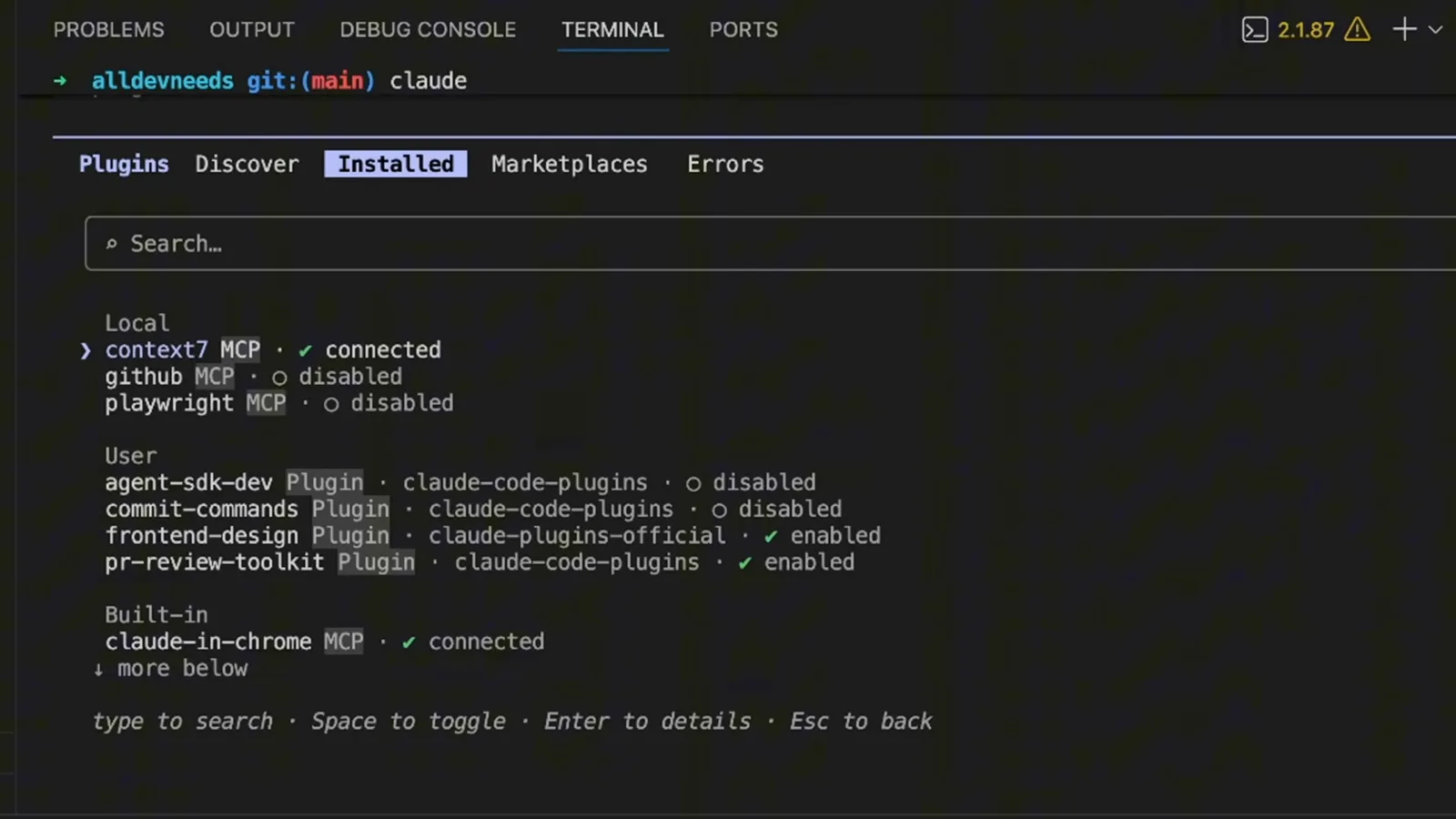 Claude Code /plugin screen on the Installed tab listing connected and disconnected MCP servers plus user plugins, with frontend-design from claude-plugins-official enabled and agent-sdk-dev and commit-commands disabled