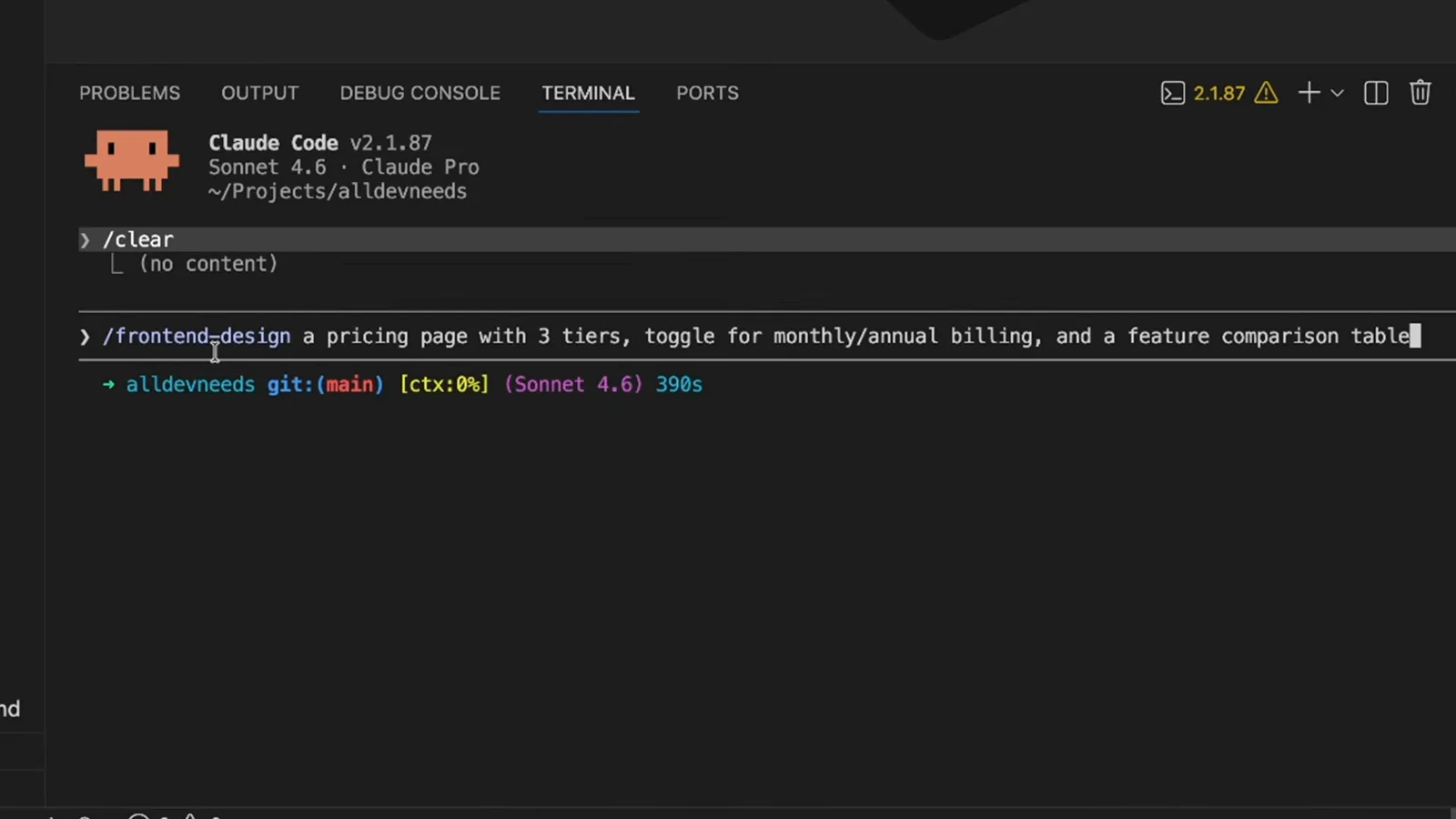 Claude Code panel in VS Code with the prompt /frontend-design a pricing page with 3 tiers, toggle for monthly/annual billing, and a feature comparison table typed into the input box