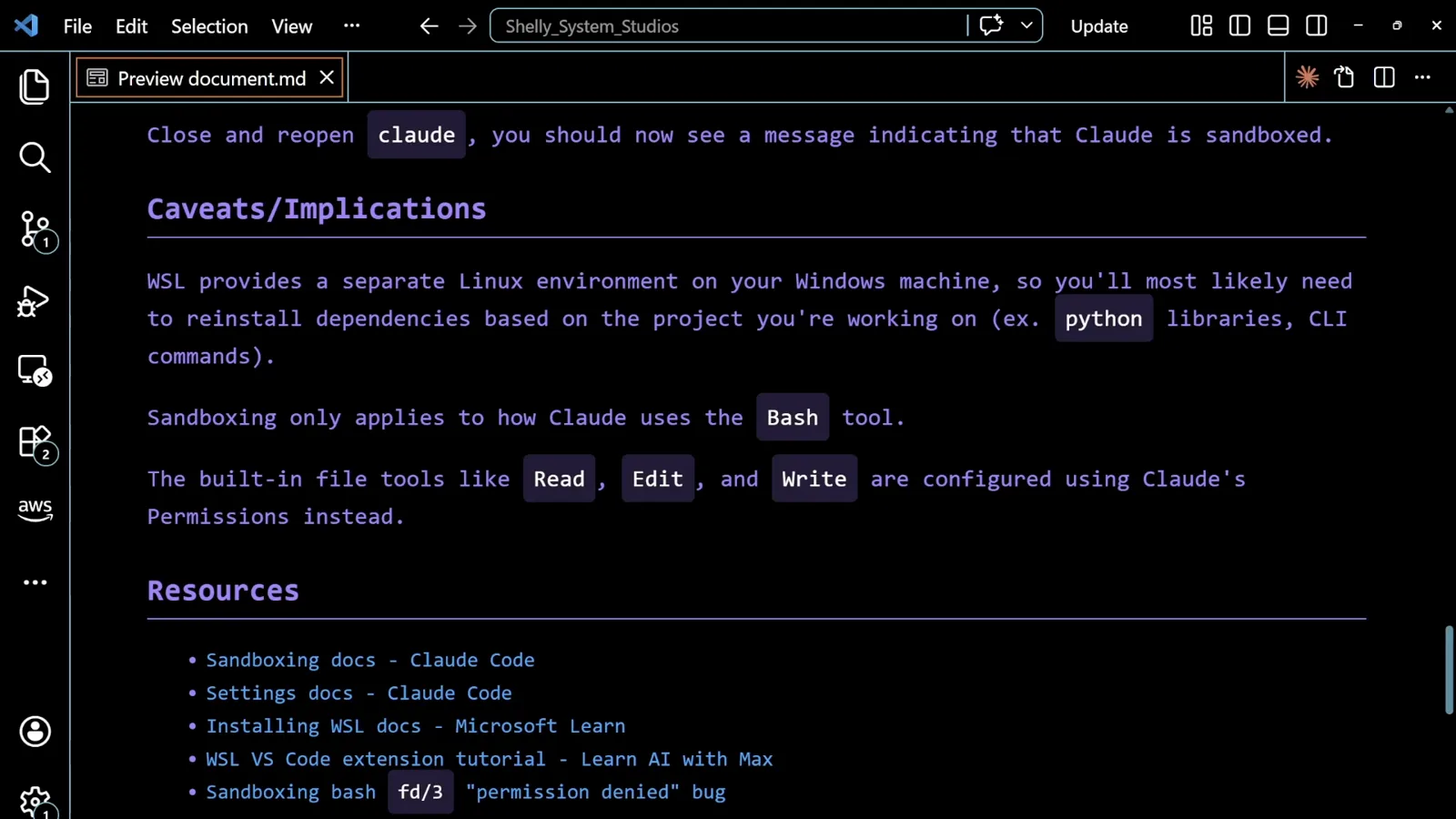 The boundary stops at the Bash tool Claude Code sandboxing Caveats section stating that sandboxing only applies to how Claude uses the Bash tool while the built-in file tools Read, Edit and Write are configured using Claude Permissions instead