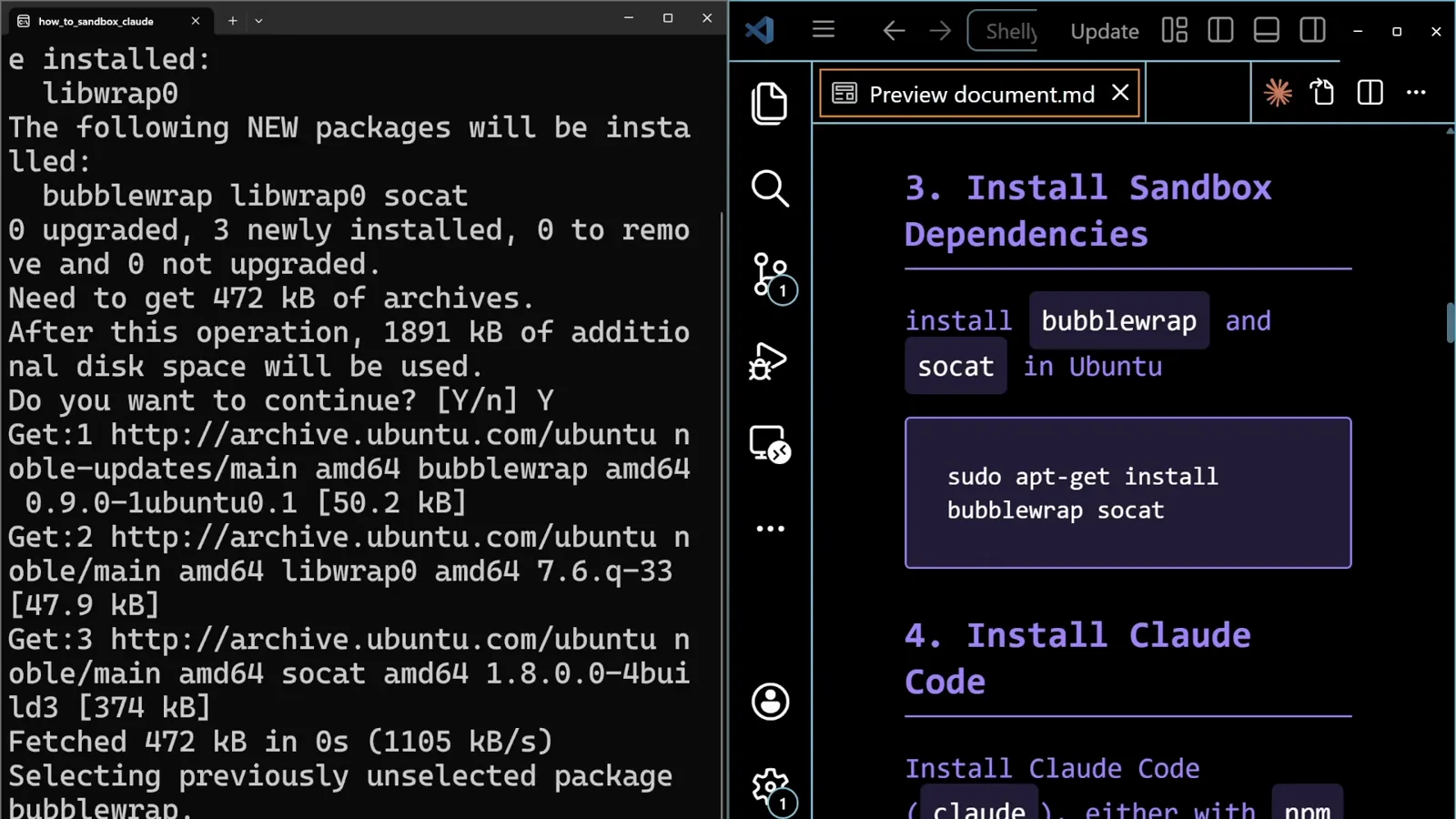 Two packages, then the boundary exists Ubuntu terminal installing the Claude Code sandbox dependencies with apt, listing bubblewrap libwrap0 and socat as three newly installed packages beside the guide step 3 Install Sandbox Dependencies