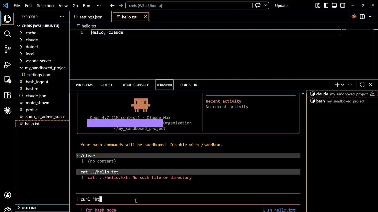 One directory up, refused Claude Code bash mode running cat ../hello.txt inside the sandbox and getting cat: ../hello.txt: No such file or directory while the same hello.txt is open in the editor above