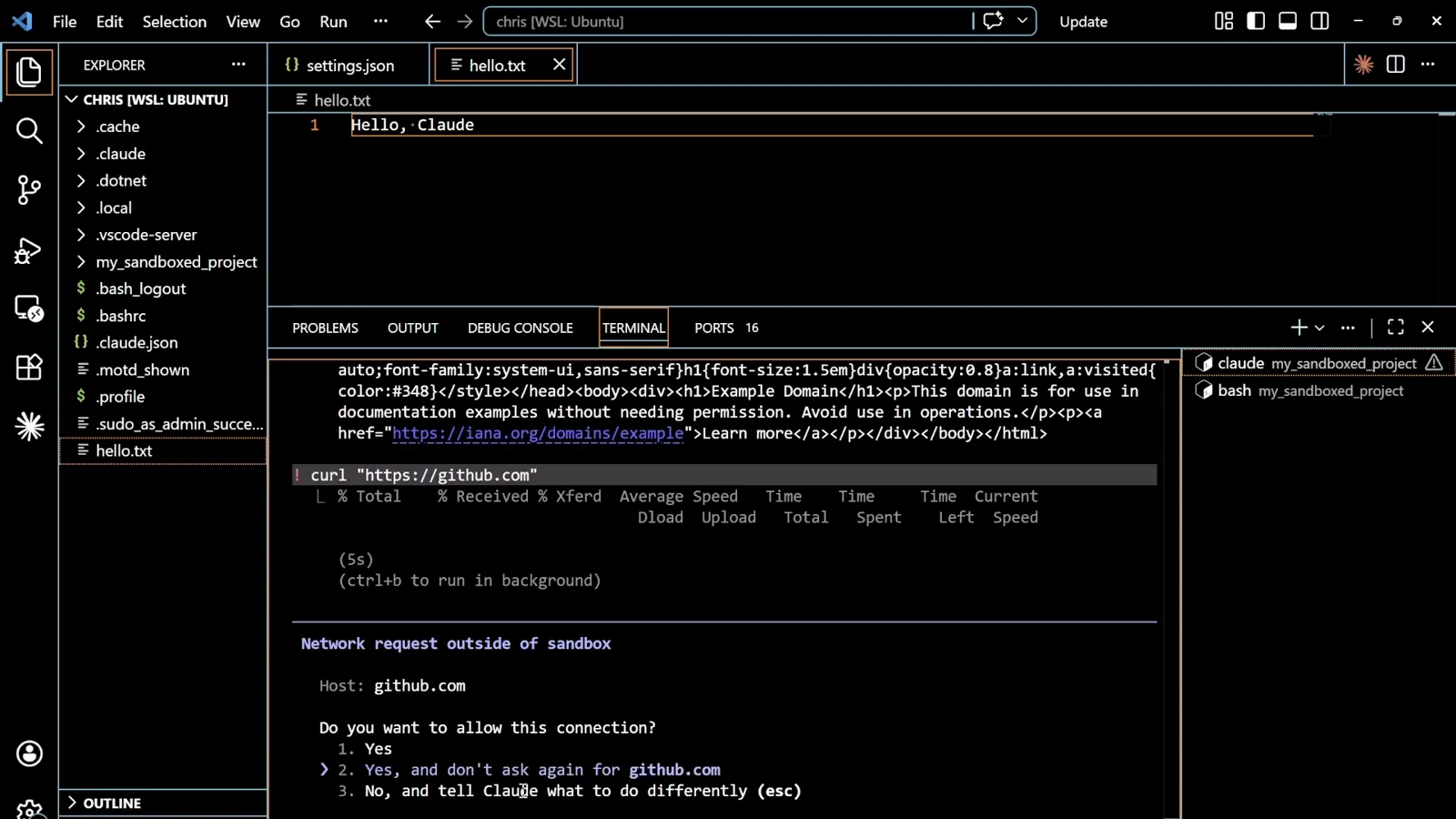 One prompt per new domain, not one per command Claude Code sandbox approval prompt reading Network request outside of sandbox for host github.com, offering Yes, Yes and do not ask again for github.com, or No and tell Claude what to do differently