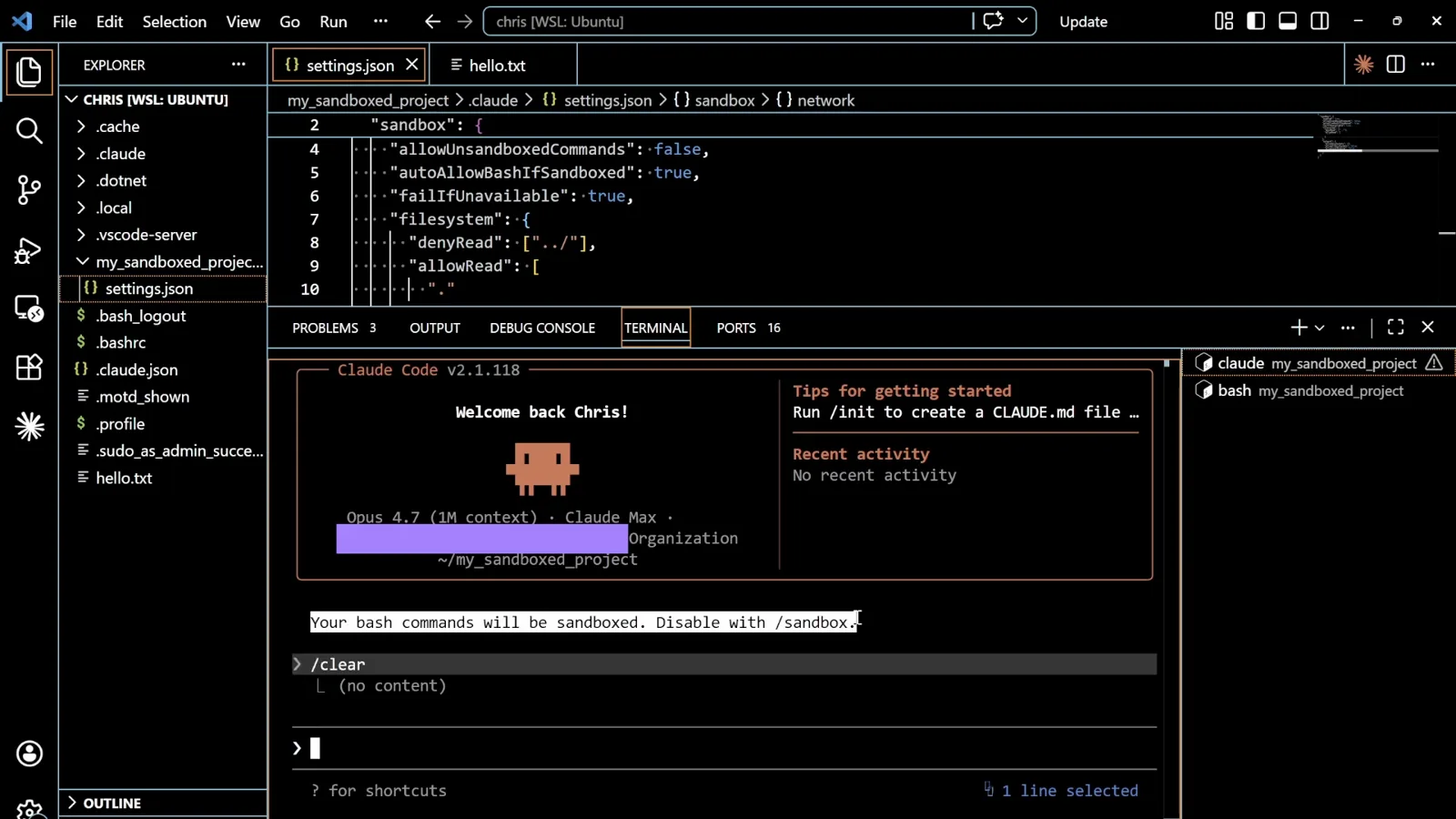The line that proves it is on Claude Code v2.1.118 session in a WSL terminal printing the yellow line Your bash commands will be sandboxed. Disable with /sandbox. under the welcome box and above an empty prompt