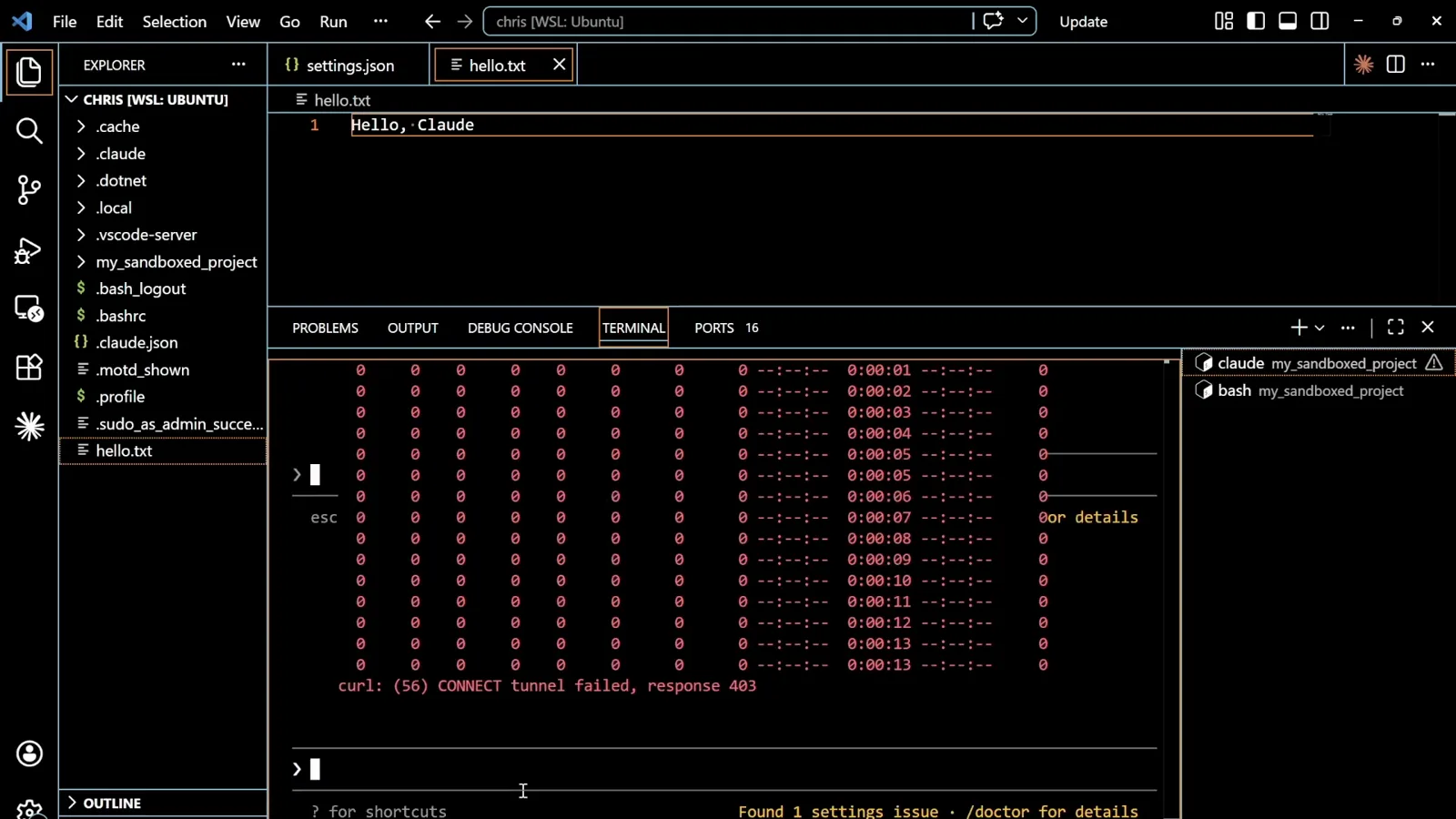 Declining costs you the request Terminal output after a Claude Code sandbox network request is declined, showing curl: (56) CONNECT tunnel failed, response 403 under a transfer table of zero-byte rows