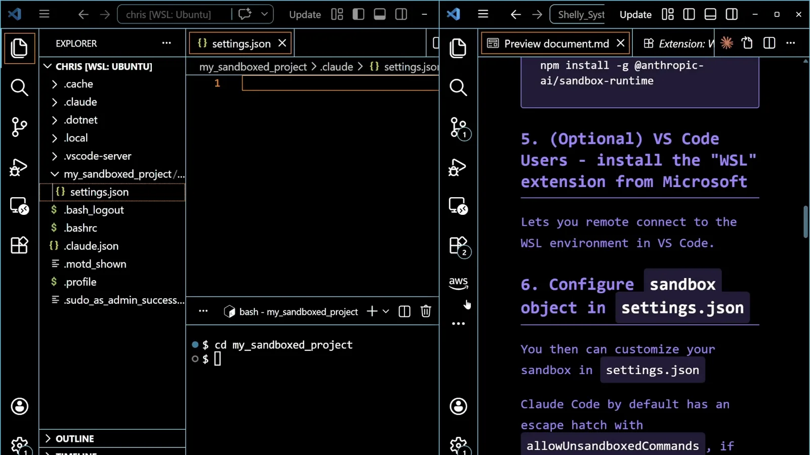 The runtime the sandbox runs on Claude Code sandboxing notes open in Visual Studio Code showing the npm install -g @anthropic-ai/sandbox-runtime command next to an empty .claude/settings.json file in a WSL workspace