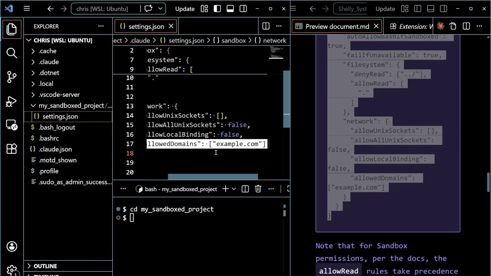 Domains start from an empty list Claude Code sandbox network block in settings.json listing allowUnixSockets, allowAllUnixSockets false, allowLocalBinding false and allowedDomains containing the single entry example.com