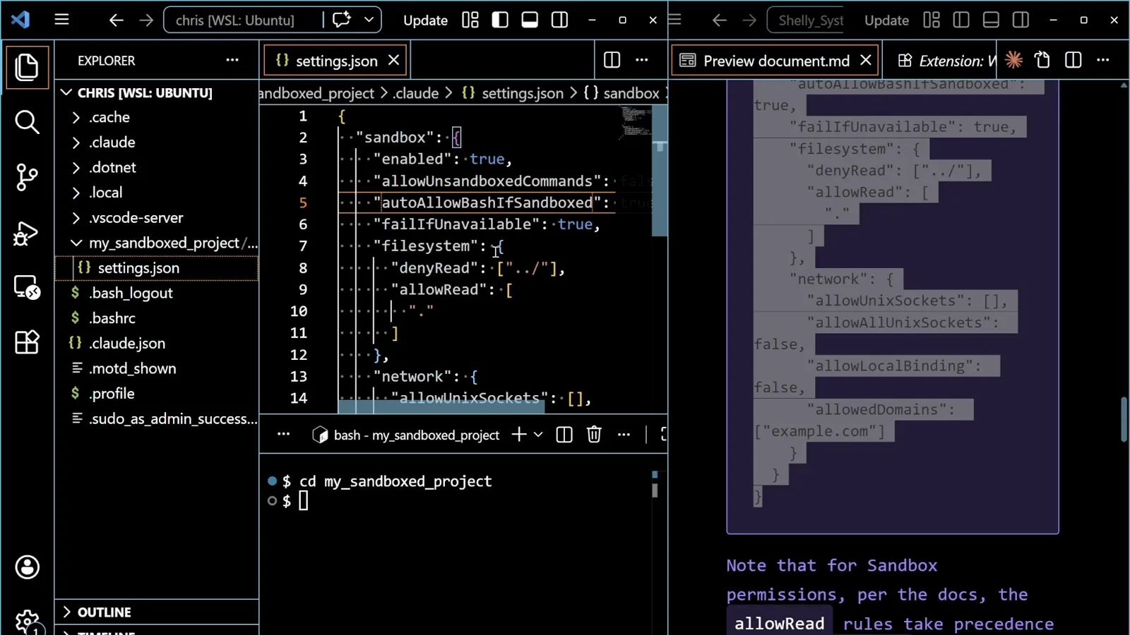 Where the boundaries get written down Claude Code project file .claude/settings.json with the sandbox object open in the editor showing enabled true, failIfUnavailable true and a filesystem block whose denyRead is ../ while allowRead is .