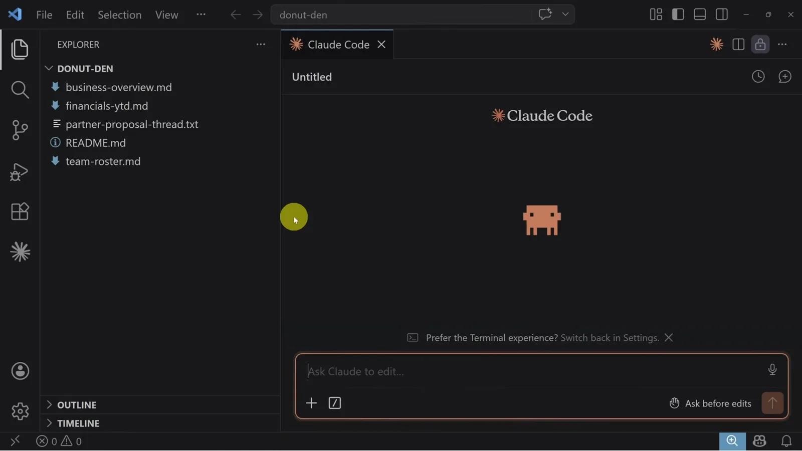 Claude Code extension panel open in Visual Studio Code beside the donut-den workspace explorer showing business-overview.md, financials-ytd.md and team-roster.md, with an empty Ask Claude to edit input