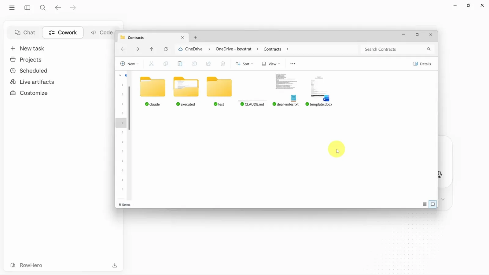 OneDrive Contracts folder synced locally containing a .claude folder, CLAUDE.md, deal-notes.txt and template.docx for sharing a Claude skill with Cowork through a cloud drive