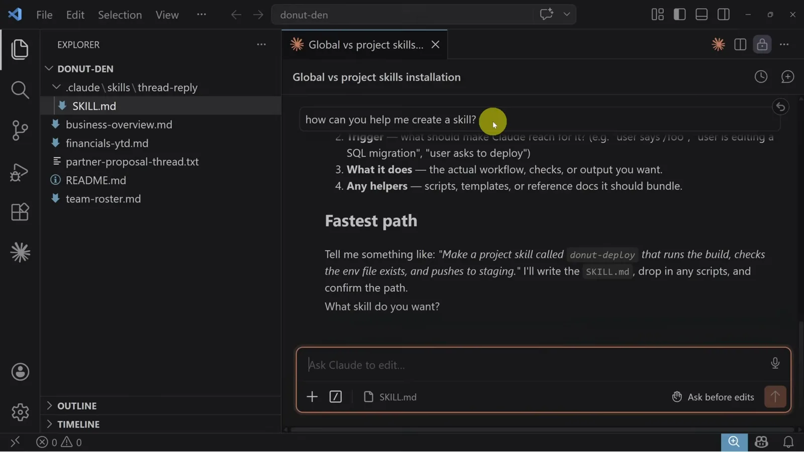 VS Code explorer showing the imported skill at .claude/skills/thread-reply/SKILL.md inside the donut-den project, with the Claude Code chat answering how to create a project skill
