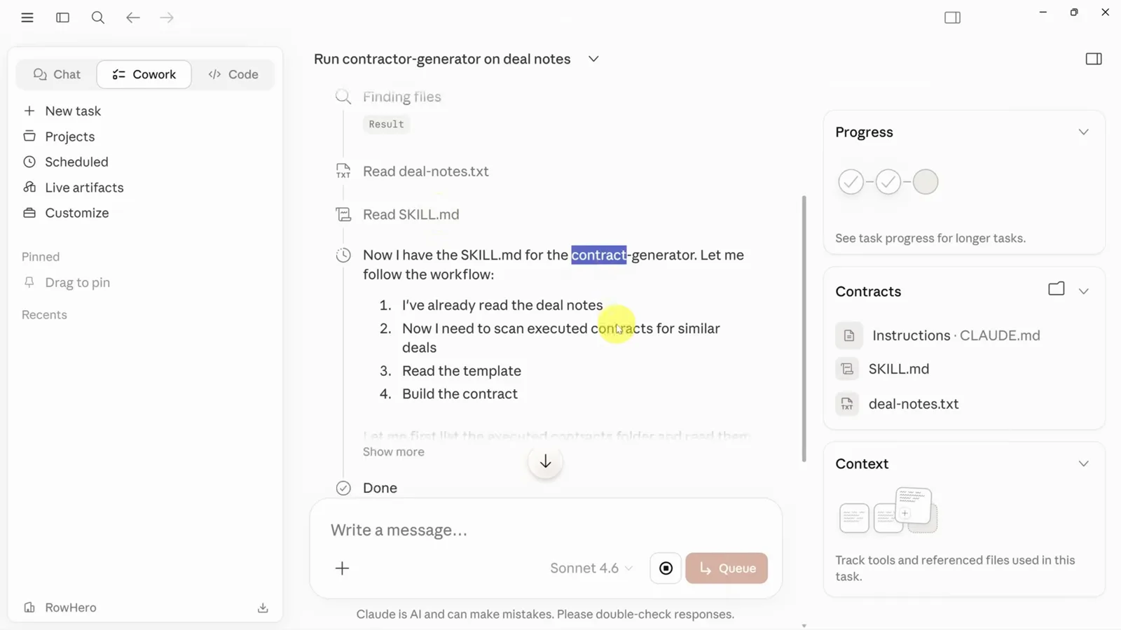 Claude Cowork running the contract-generator skill on deal notes, having read CLAUDE.md and SKILL.md from the folder, with the Contracts panel listing Instructions, SKILL.md and deal-notes.txt as context