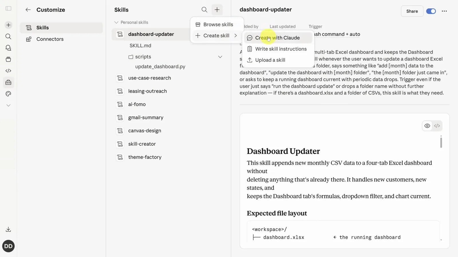 Claude.ai Customize Skills screen with the plus-button menu open on Create skill, showing the Create with Claude, Write instructions and Upload skill options beside an existing dashboard-updater skill
