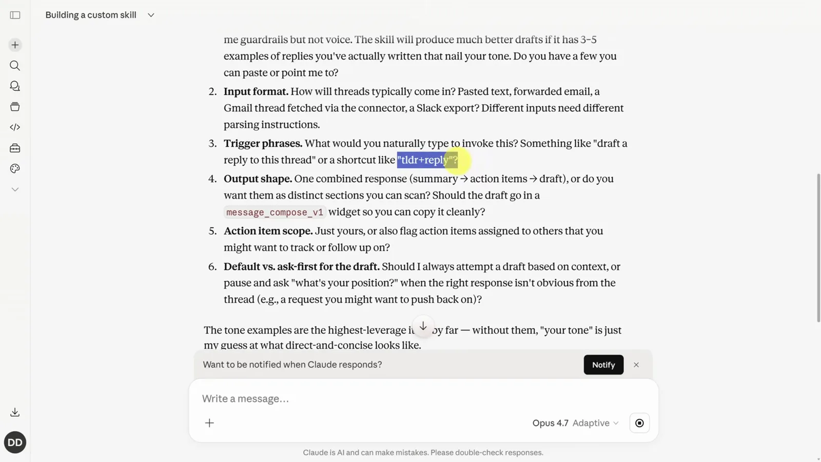Claude skill creator asking numbered clarification questions about input format, trigger phrases such as thread-reply, output shape, action item scope and whether to draft by default or ask first