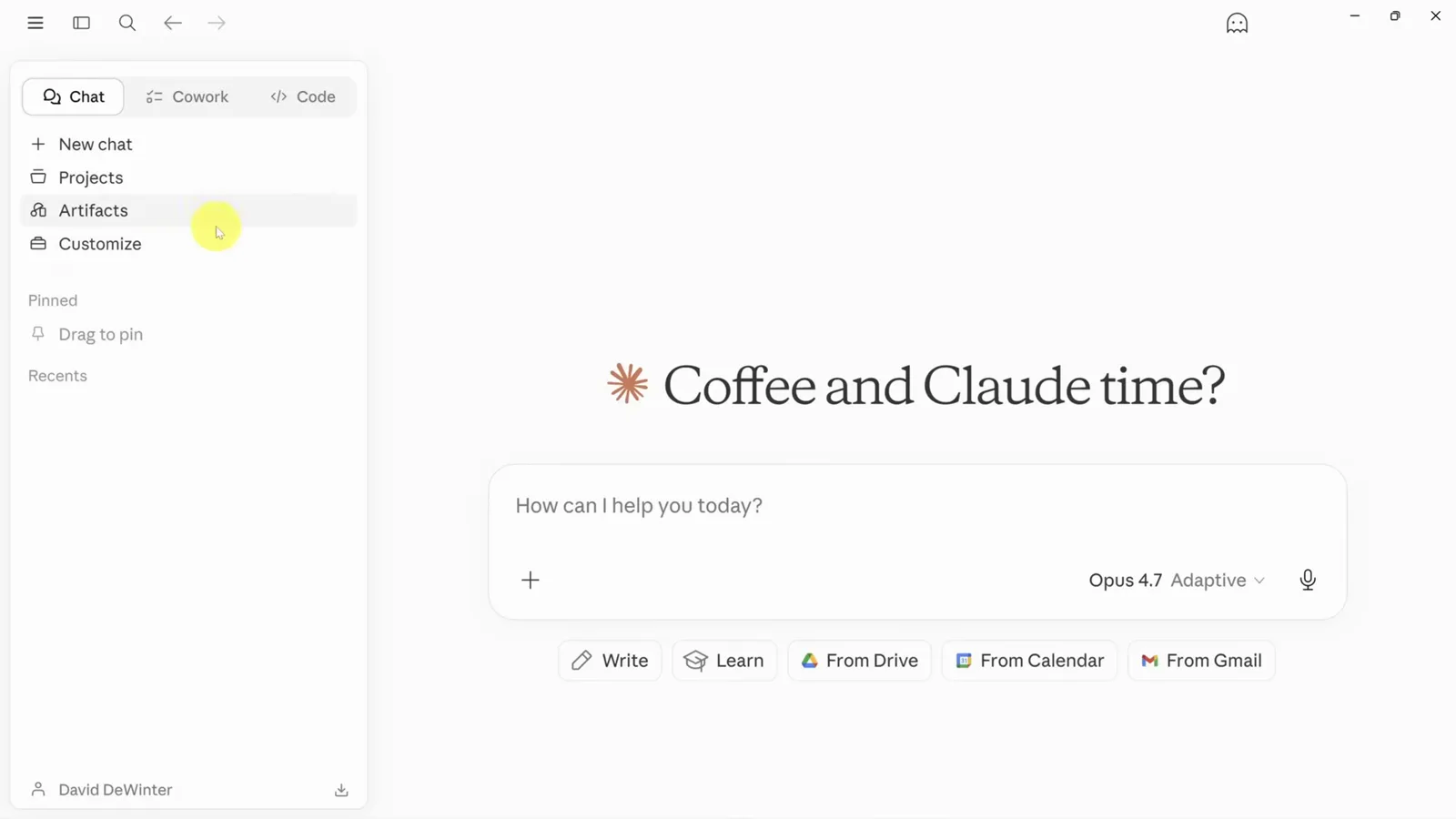 Claude desktop app home screen with the Chat, Cowork and Code app switcher in the sidebar beside the Coffee and Claude time prompt box and the Write, Learn, From Drive quick actions