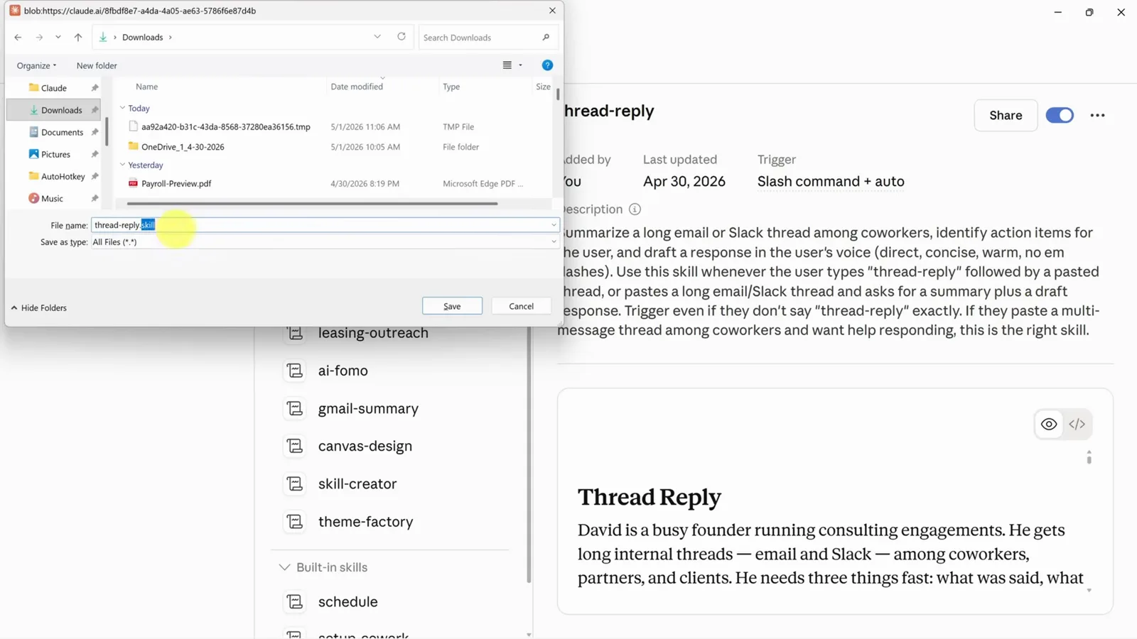Browser Save As dialog over the thread-reply skills page renaming the downloaded skill file to thread reply.zip so it can be extracted and installed into Claude Code