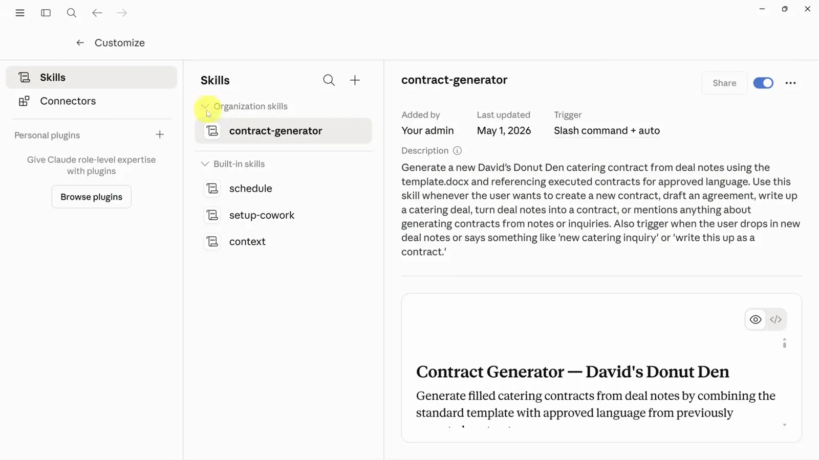 Claude organization Skills page listing the contract-generator skill under Organization skills, added by Your admin on May 1, 2026 with a slash command plus auto trigger for the whole workspace