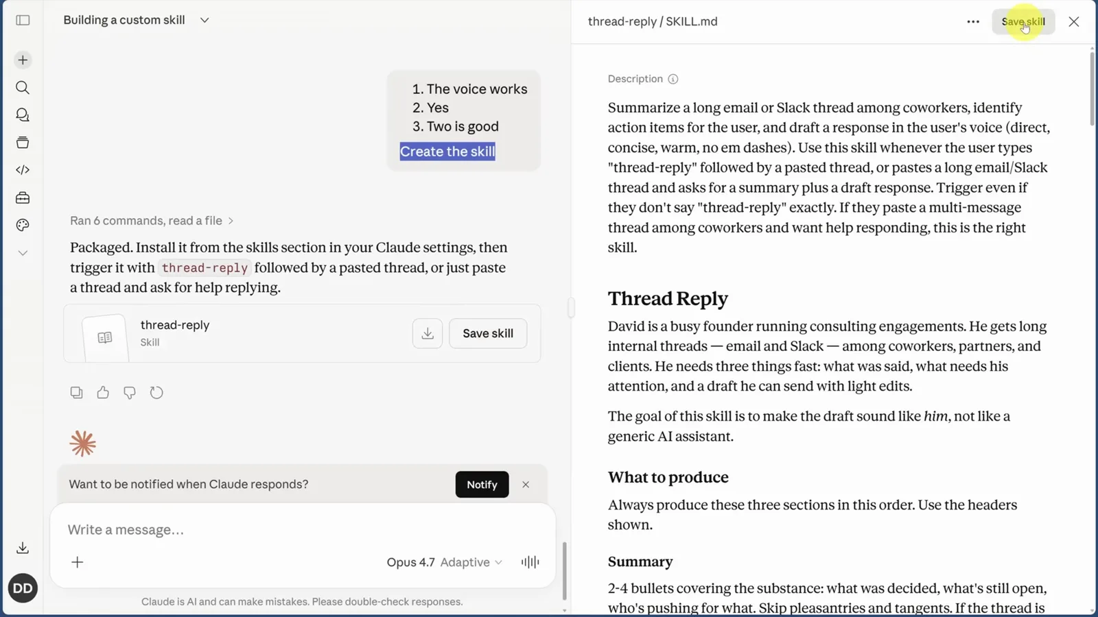 Claude conversation answering Create the skill after test approval, with the packaged thread-reply skill file, its Save skill button, and the SKILL.md preview showing the description frontmatter in the right pane