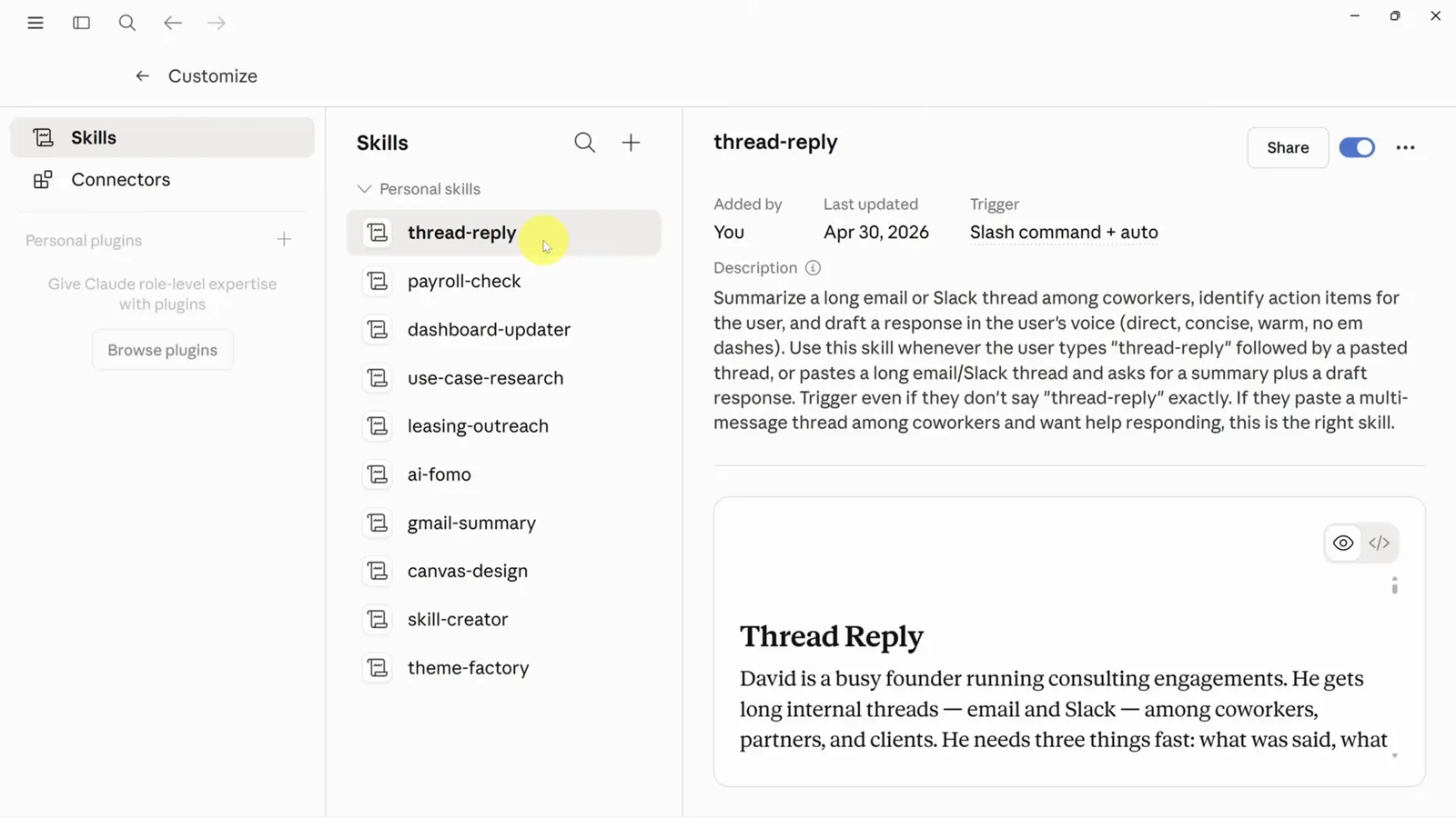 Customize Skills page inside the Claude desktop app listing the thread-reply skill under Personal skills with the same description it had on claude.ai, added by You on Apr 30, 2026