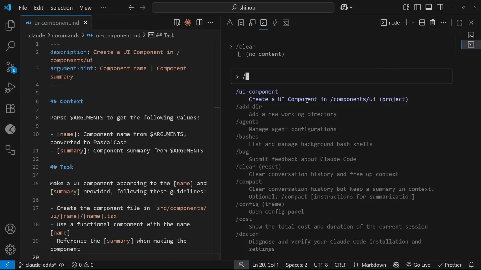 Argument format hint at the prompt Claude Code autocomplete for the custom slash command showing the argument format hint after the command name is accepted