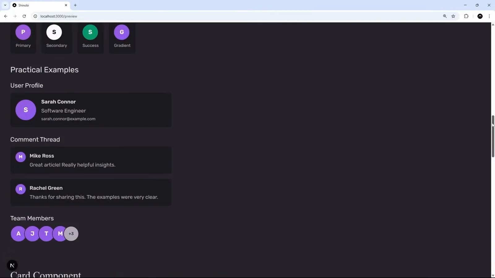 Dark mode preview of the generated components Dark mode preview of the components produced by the custom slash command, showing user profile cards and team member examples on a dark background