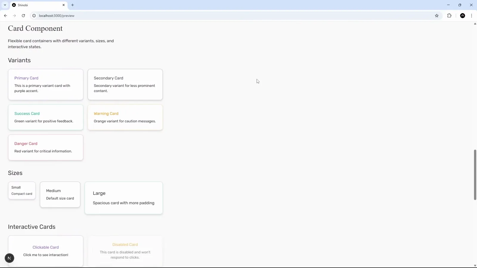 Generated cards in the browser Browser preview of the Card component generated by the custom slash command in light mode with primary, secondary, success, warning and danger variants