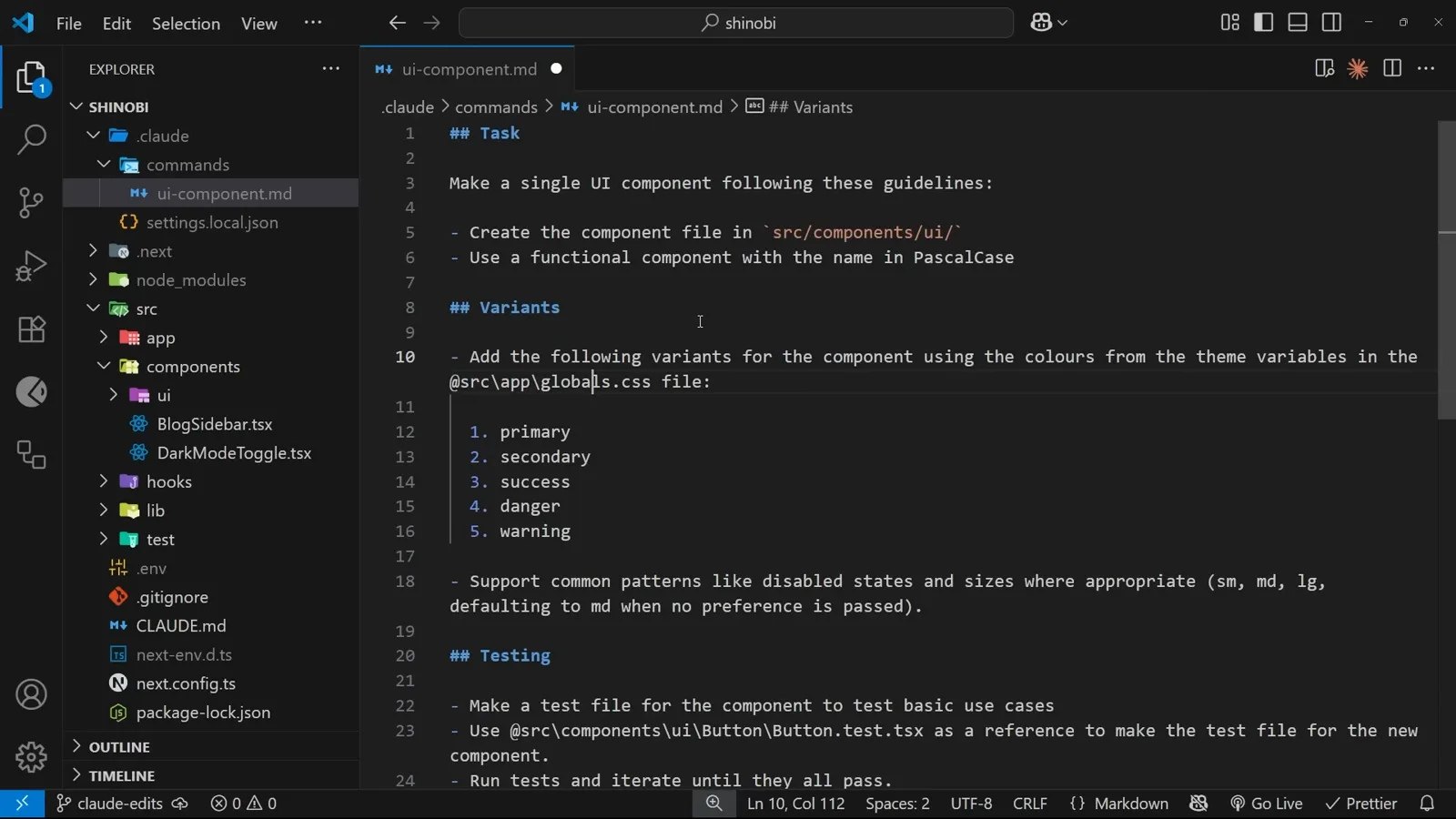 Inside the ui-component command file ui-component.md custom command file open in VS Code with written instructions covering variants, sizes and tests for Claude Code to follow