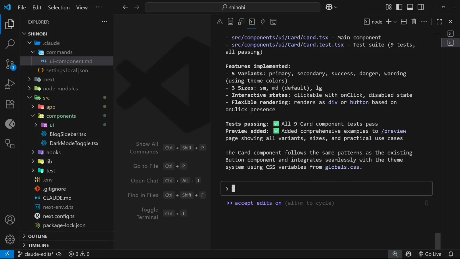 Command run summary Claude Code terminal summary after the custom command finished, reporting five card variants, three sizes and all nine component tests passing
