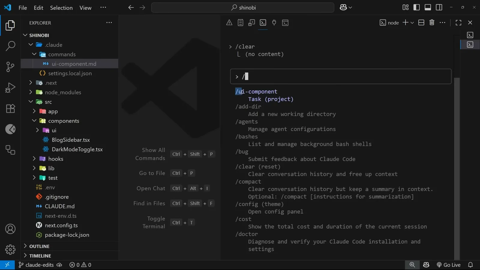 The custom ui-component command in the slash menu Claude Code slash command menu with the custom ui-component command listed at the top above the built-in commands