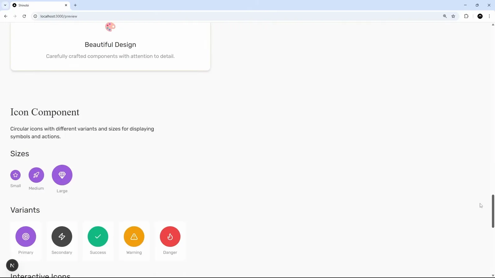 Generated icons in the browser Icon component generated by the Claude Code custom slash command displayed in the browser with circular variants in five colors