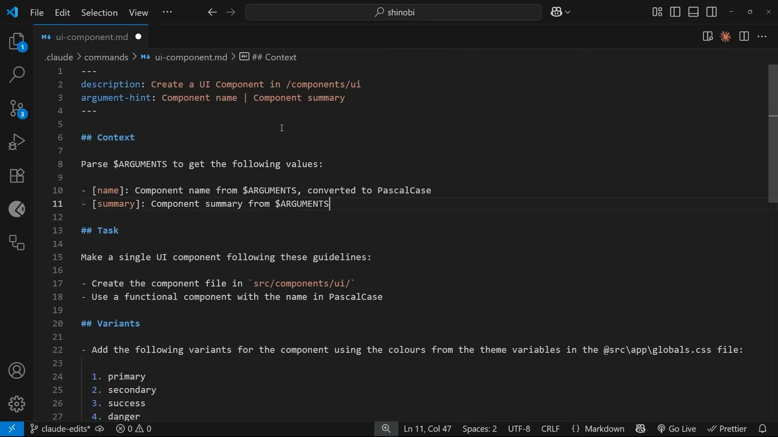 Front matter with description and argument-hint Front matter at the top of a Claude Code custom command file defining the description and argument-hint shown when the command runs