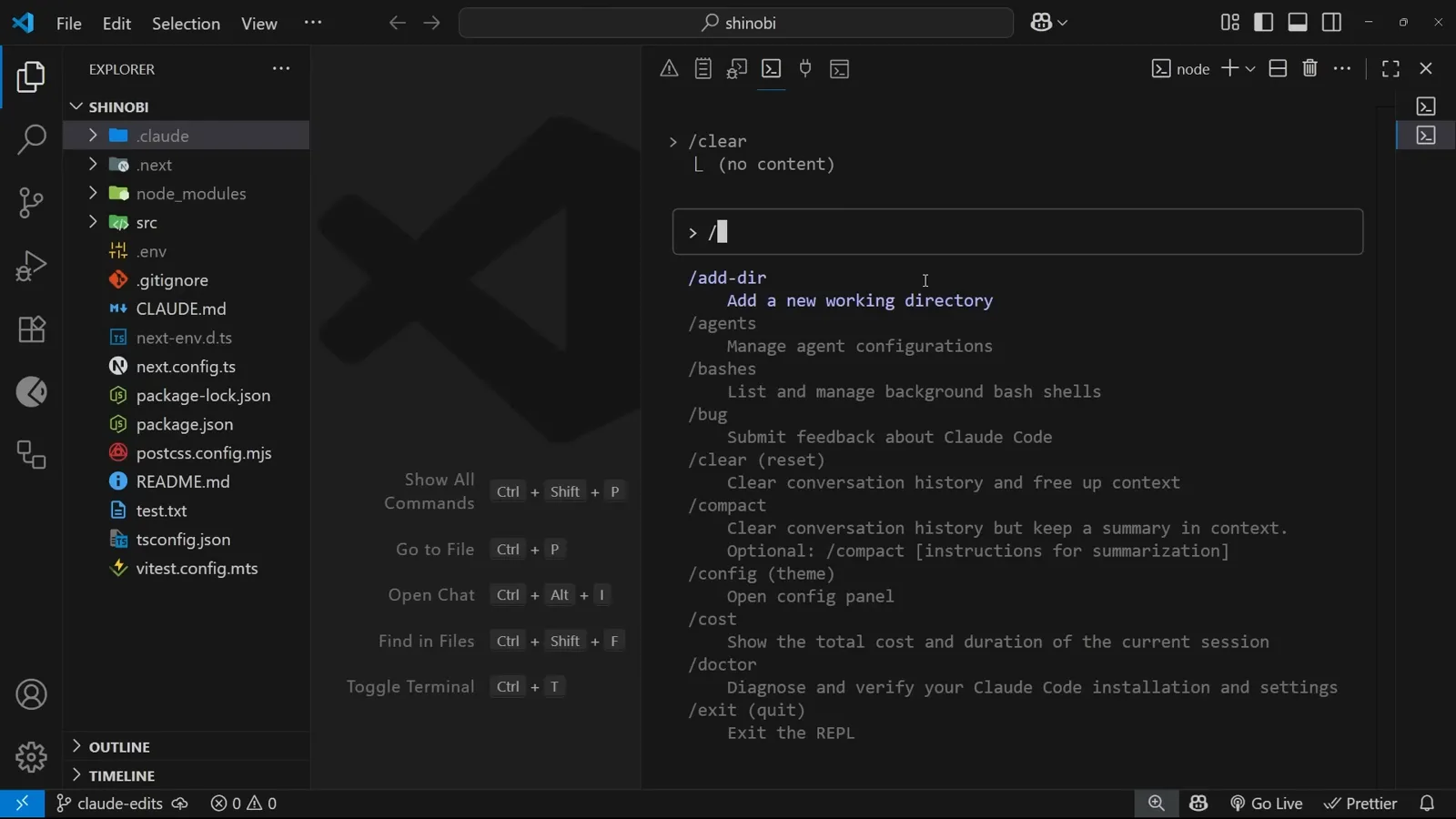 Built-in slash commands in Claude Code Claude Code slash command menu listing built-in commands like /add-dir, /agents, /clear, /compact and /context above the prompt input