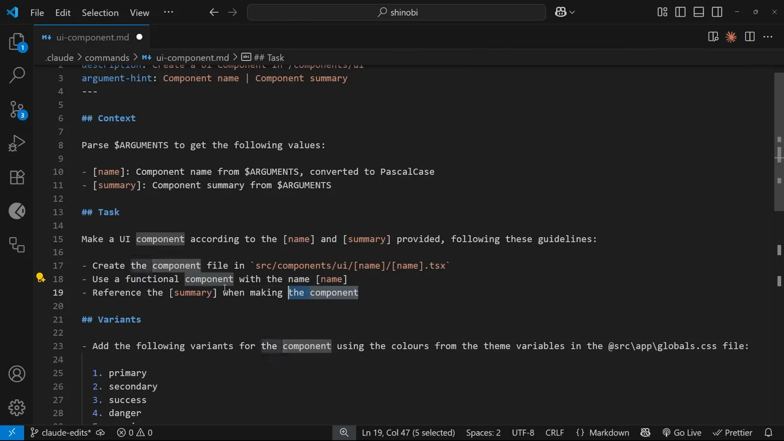Task section of a custom slash command file referencing the [name] and [summary] values parsed from the command arguments