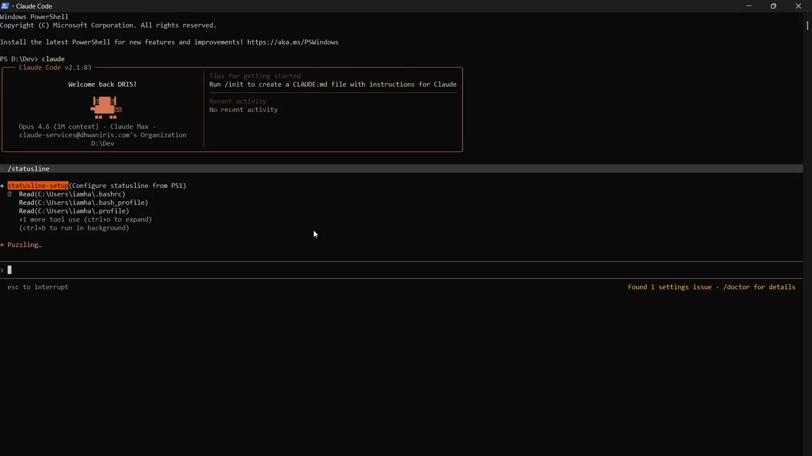 statusline-setup tool output in Claude Code showing Read calls on C:\Users\drisa\.bashrc and .bash_profile while it searches for an existing PS1 prompt definition